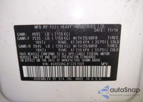 2015 Subaru Outback 2.5I Limited from USA, damaged, VIN 4S4BSBNC4F3261569